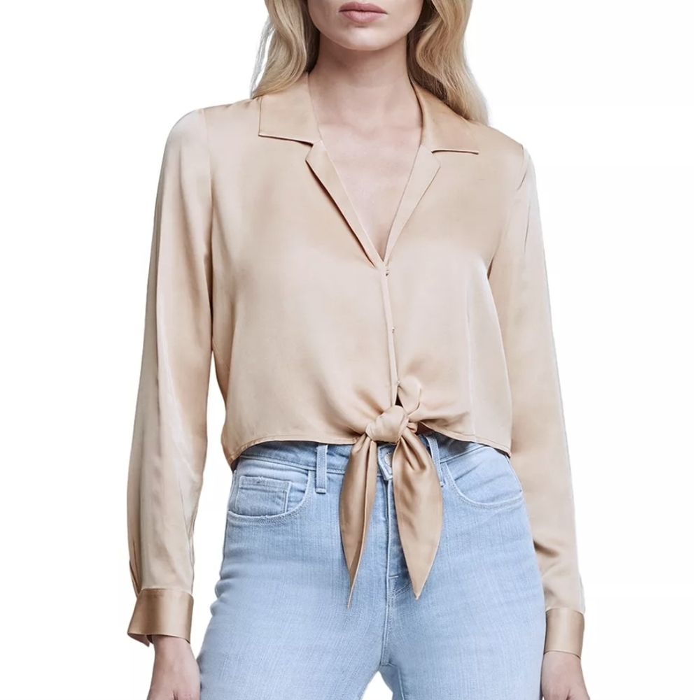 L' AGENCE Annie Tie Front Shirt Champagne‎ Satin